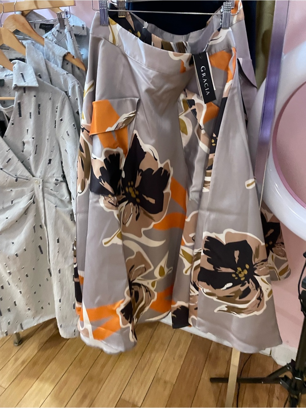 Gracia Women's Floral A-Line Coat in Gray, Orange‎ & Black